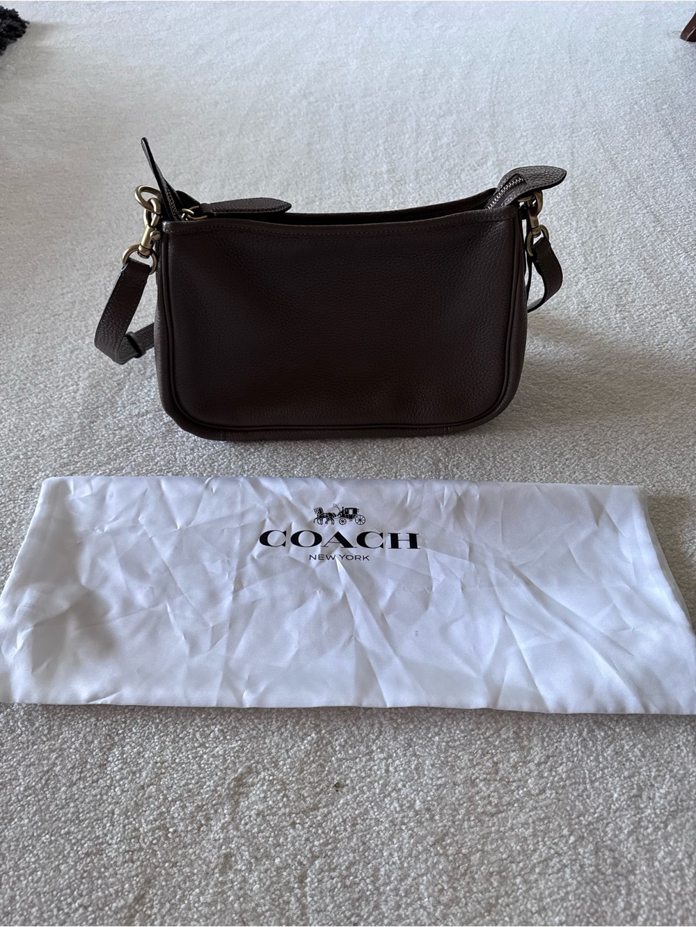Coach Pebbled Leather Crossbody Bag in Dark Stone with Gold Hardware